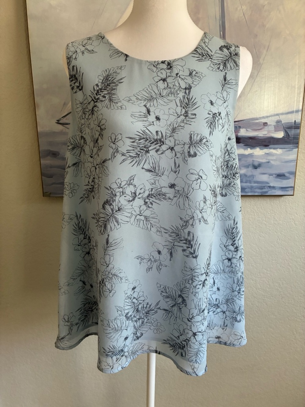 Pleione Light Blue Floral Sleeveless Tunic Top